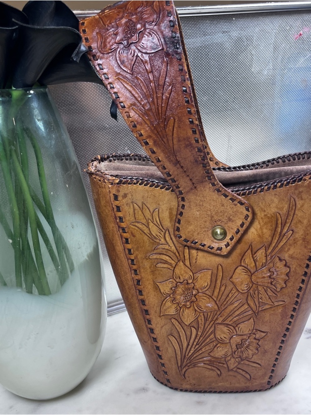Vintage Handtooled Floral Leather Shoulder Bag in Warm Tan